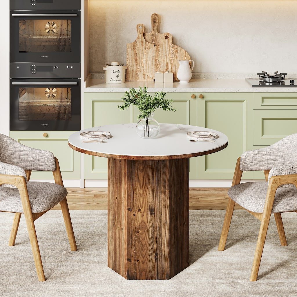 31.5" Round Small Dining Table with Sintered Stone Tabletop and Solid Wood Base - 31.5" D x 31.5" W x 29.5" H