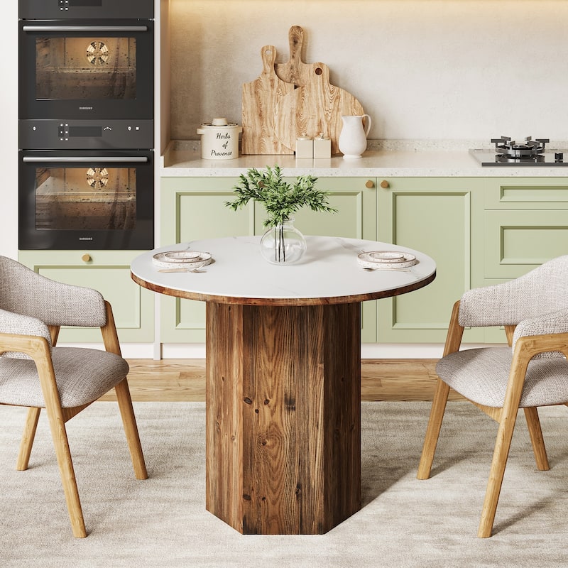 31.5" Round Small Dining Table with Sintered Stone Tabletop and Solid Wood Base - 31.5" D x 31.5" W x 29.5" H - White/ Brown