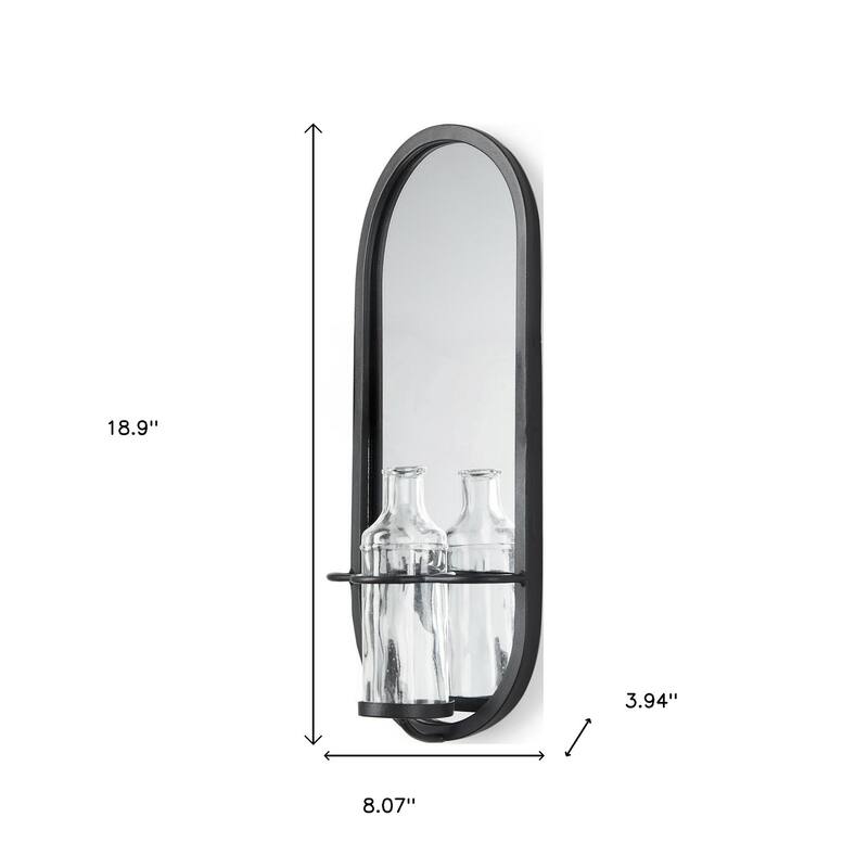 19" Black And Clear Glass Bottle Metal And Mirrored Glass Oval Wall Vase - 8.07