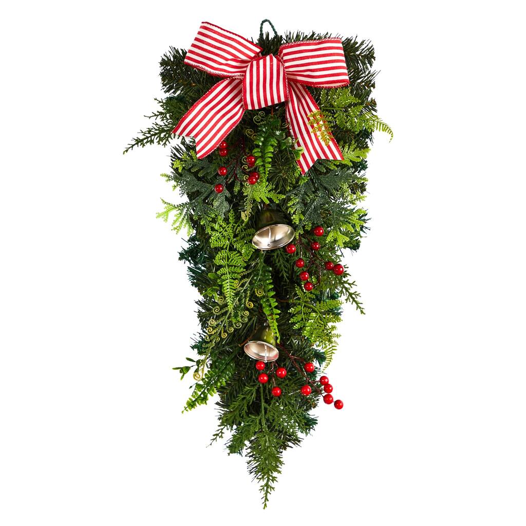 26" Bells and Bow Artificial Christmas Teardrop Swag, Unlit