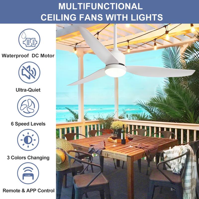 Outdoor Ceiling Fan with Light: 42-52 Inch Hanging - Plug in Waterproof Fans for Patio - Dimmable Remote App Control Black