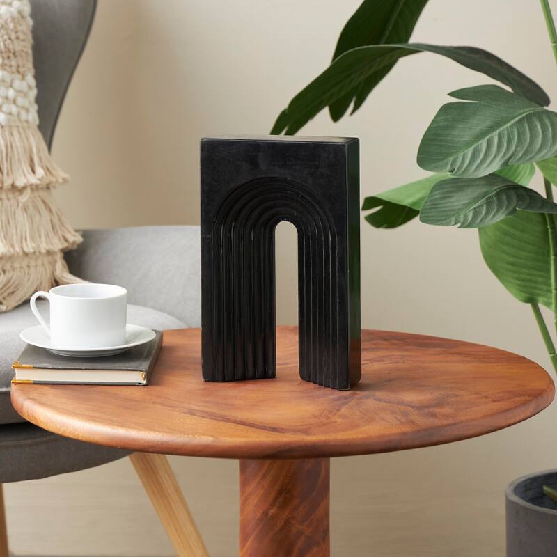 White, Black or Beige Marble Rectangular Geometric Sculpture with Arched Groove Interior - Black