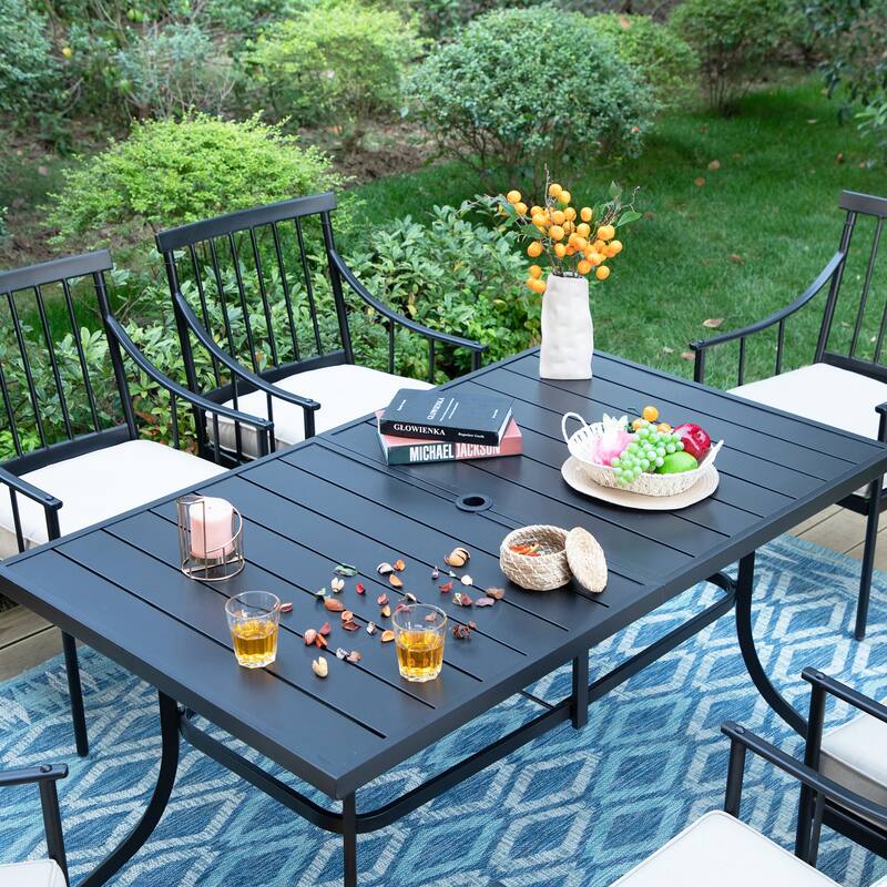 MAISON ARTS 7-Piece Patio Dining Set Steel Panel Table & 6 Dining Arm Chairs