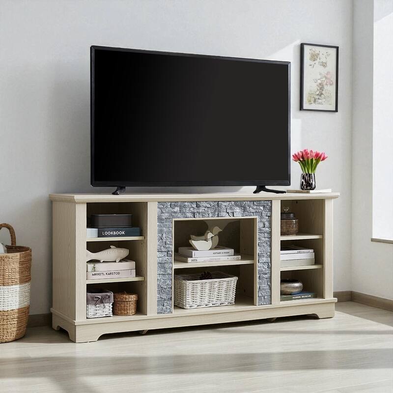 Mantel Stone 58" TV Stand with Faux Stacked Stone Surround, Modern Media Console with Open Storage & Cable Management