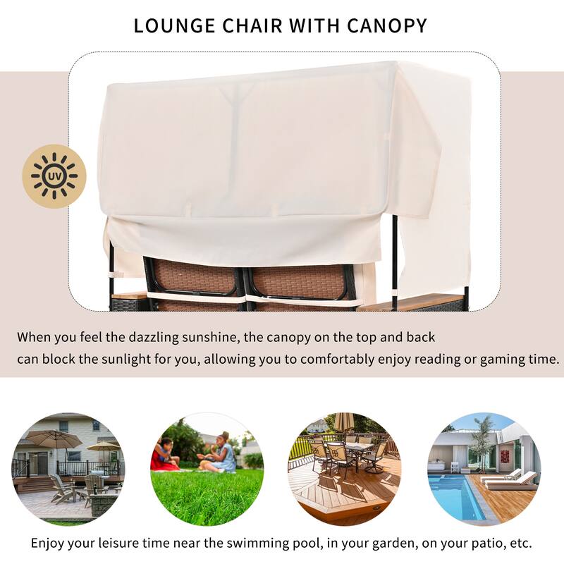 2-Piece Outdoor Rattan 5 Positions Daybed with Bench & Cushions