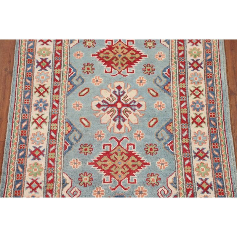 Light Blue Kazak Oriental Foyer Rug Handmade Geometric Wool Carpet - 2'8" x 4'0"