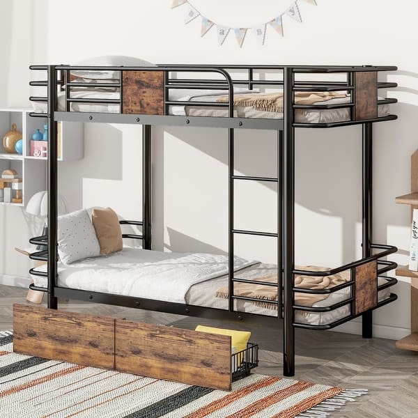 slide 2 of 11, Twin XL over Twin XL Industrial Modern Bunk Kids Bed Frame with Guardrail and Two Storage Drawers, Easy to Assemble, Black Black