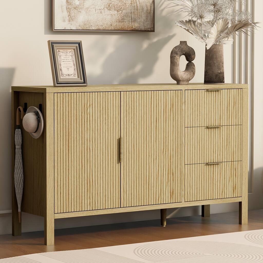 Modern Wave-Pattern Sideboard with 3 Drawers, Large Storage Buffet Cabinet with Hooks and Extra Center Leg
