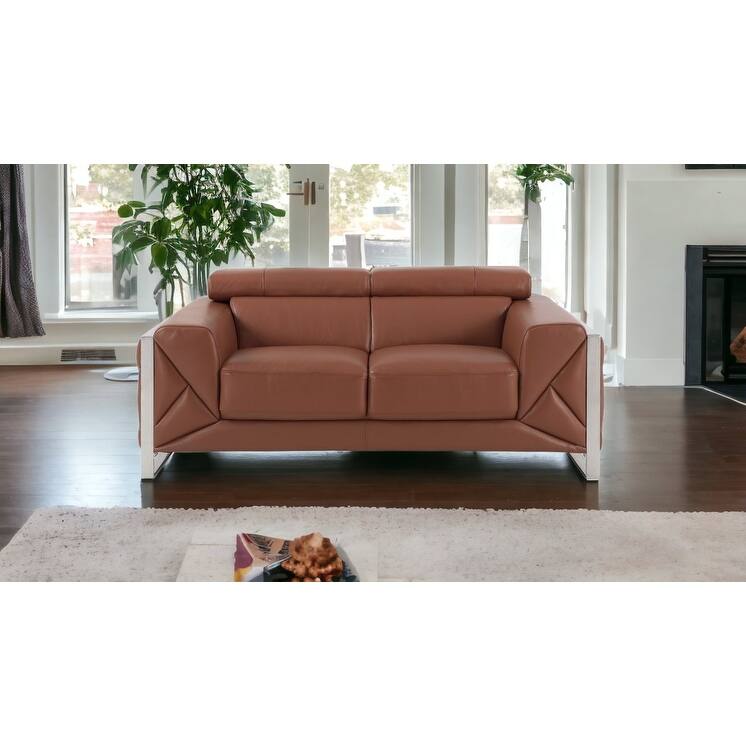 HomeRoots 75" Camel And Silver Italian Leather Loveseat - Beige