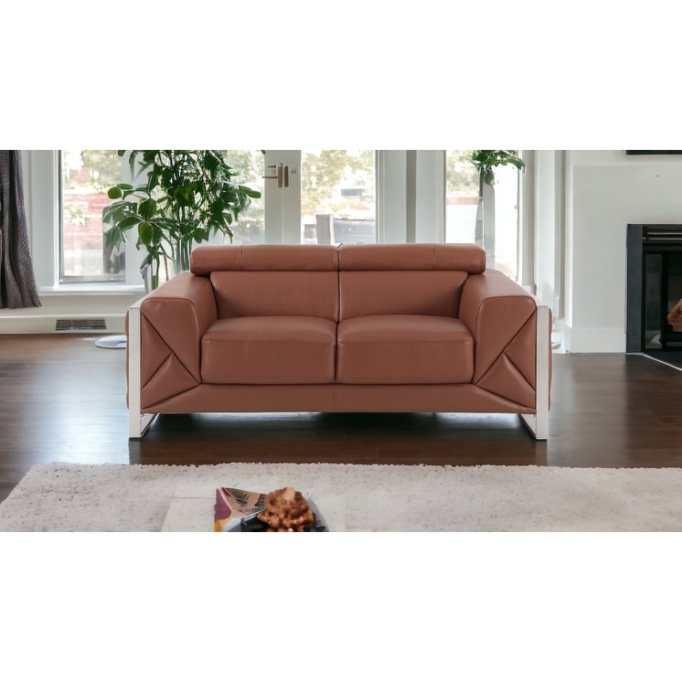 HomeRoots 75" Camel And Silver Italian Leather Loveseat