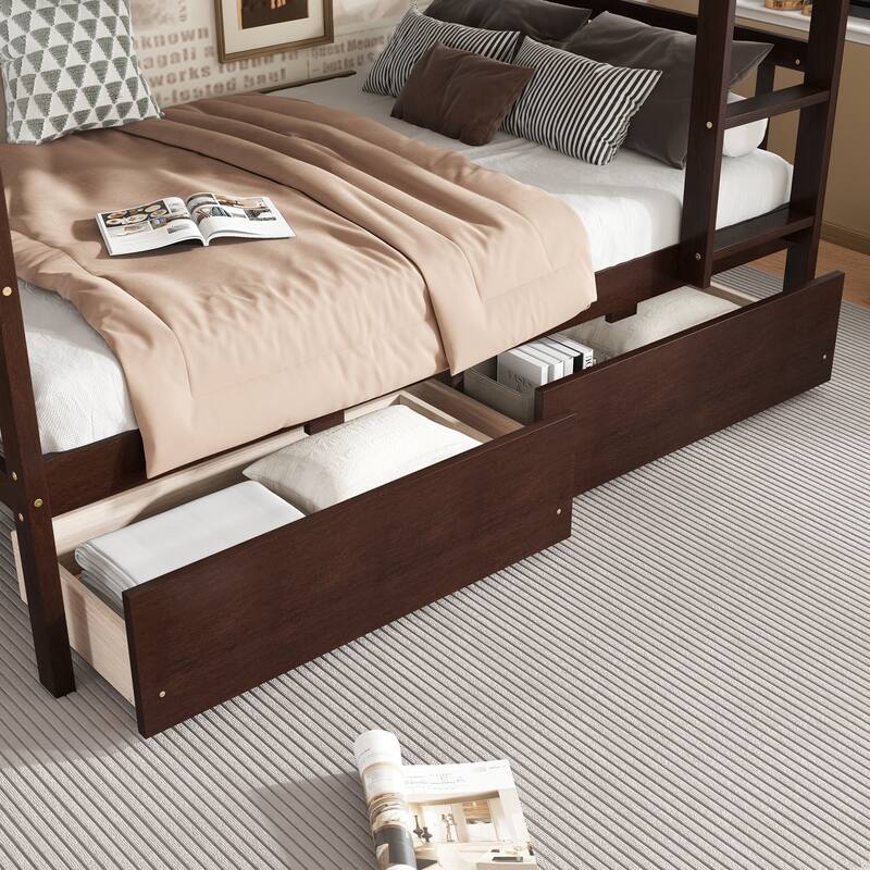 Rubber Wood Frame Bunk Beds with Wheels, Ladder and Safety Guardrails Convertible into 2 Beds - Available with Drawer or Trundle