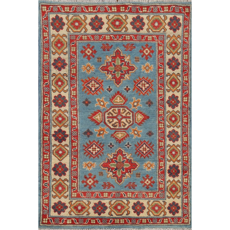 Light Blue Geometric Kazak Rug Hand-Knotted Oriental Wool Carpet - 2'8" x 3'11"