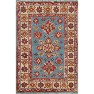 Light Blue Geometric Kazak Rug Hand-Knotted Oriental Wool Carpet - 2'8" x 3'11"