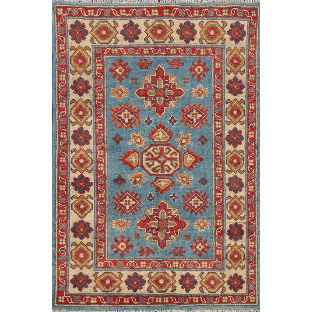 Light Blue Geometric Kazak Rug Hand-Knotted Oriental Wool Carpet - 2'8" x 3'11"