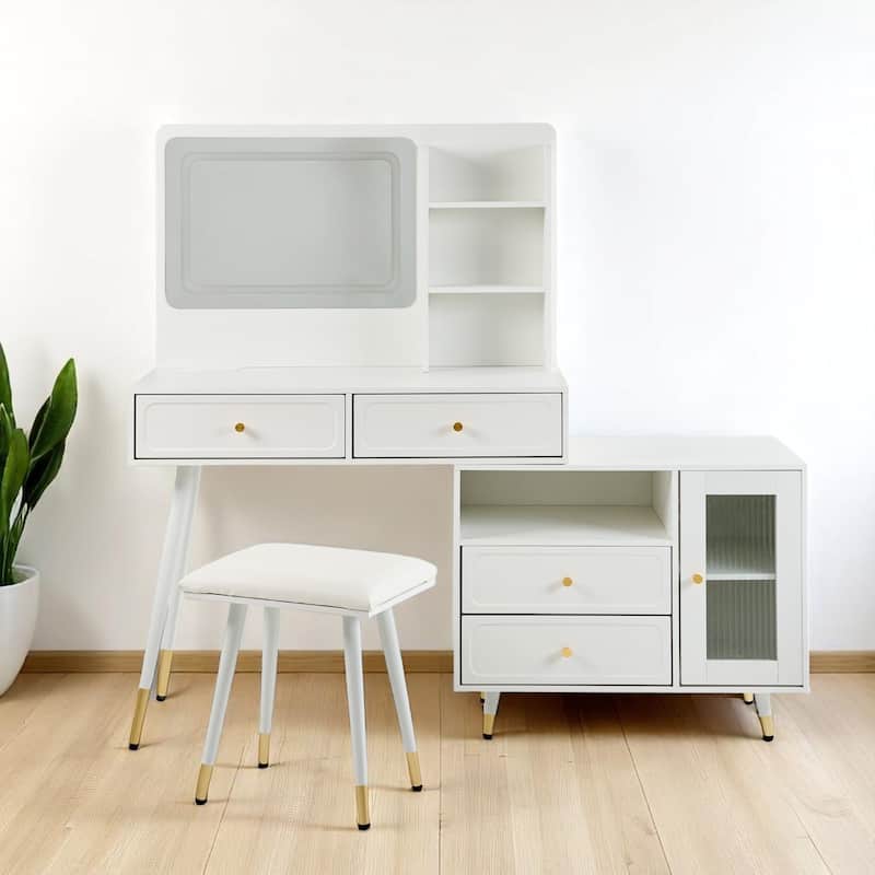 Makeup Vanity with Mirror, LED Light Modes, Built-in Charging Ports, Drawers & Cabinet, Compact Adjustable Desk