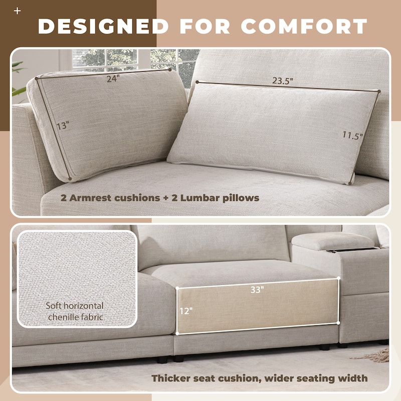 124'' Modular Sectional Sofa with Storage Console and Movable Ottoman, 4-Seat, Chenille, Beige