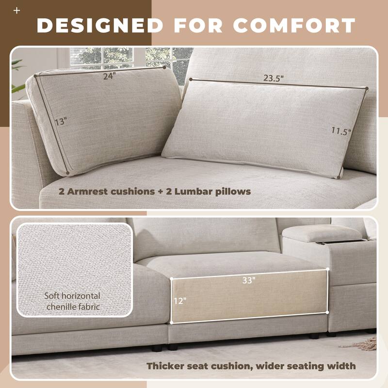 Oversized Modular Sectional Sofa, Chenille 4 Seat Sofa with Storage Console & Movable Ottoman, Comfy Sofa with 4 Pillows