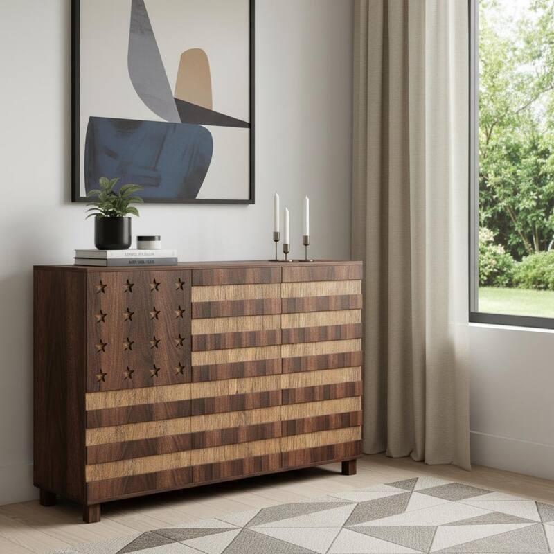 HomeRoots 55" Brown Solid Wood Carved American Flag Accent Cabinet With Three Doors And Two Drawers - Brown