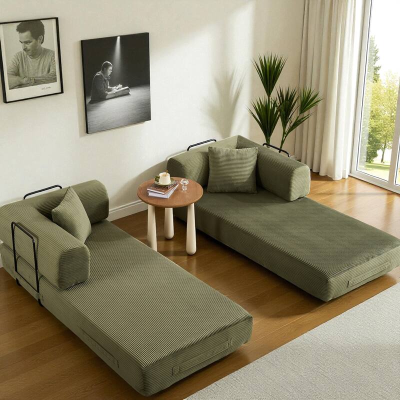 Convertible Corduroy Sleeper Sofa Bed, 4-in-1 Folding Mattress Couch with Cylindrical Pillow & Fixed-Shape Frame, No-Assembly