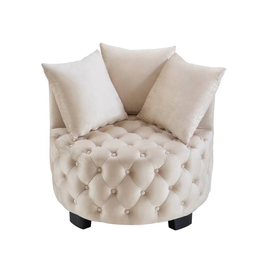 Velvet Upholstered Accent Chair, Button Tufted Round Club Chair, Lounge Reading Chair with 3 Pillows & Curved Back