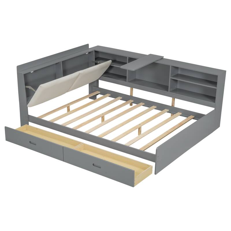 Full Size Wood Platform Bed with Storage Headboard, Shelves, and 2 Drawers in Gray - No Box Spring Required