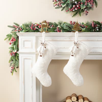 Glitzhome 21"L White Plush Christmas Stocking with Complimentary Reindeer Ornament