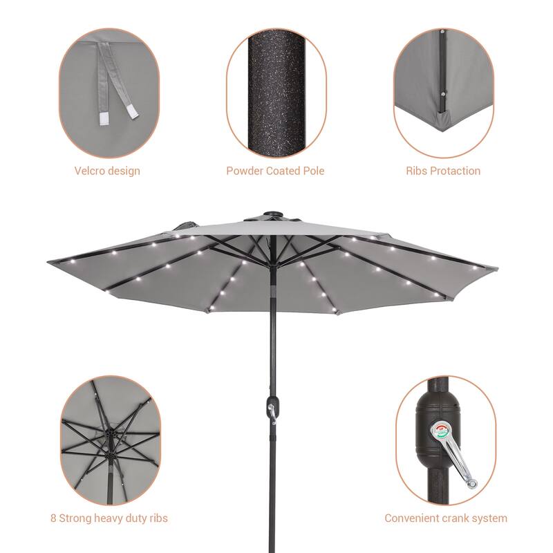 LIVOOSUN LED 9ft Patio Umbrella Market Umbrella Steel Tilt w/Crank