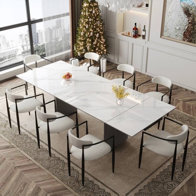 9 - Piece Modern Minimalist Extendable Sintered Stone Top Double Pedestal Dining Set - Black Base&White chair