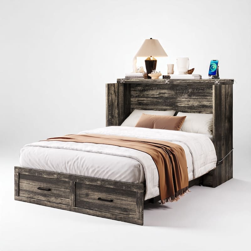 Foldable Murphy Bed Cabinet Full/Queen with USB & Type-C Ports and Storage Drawer for Guest Room