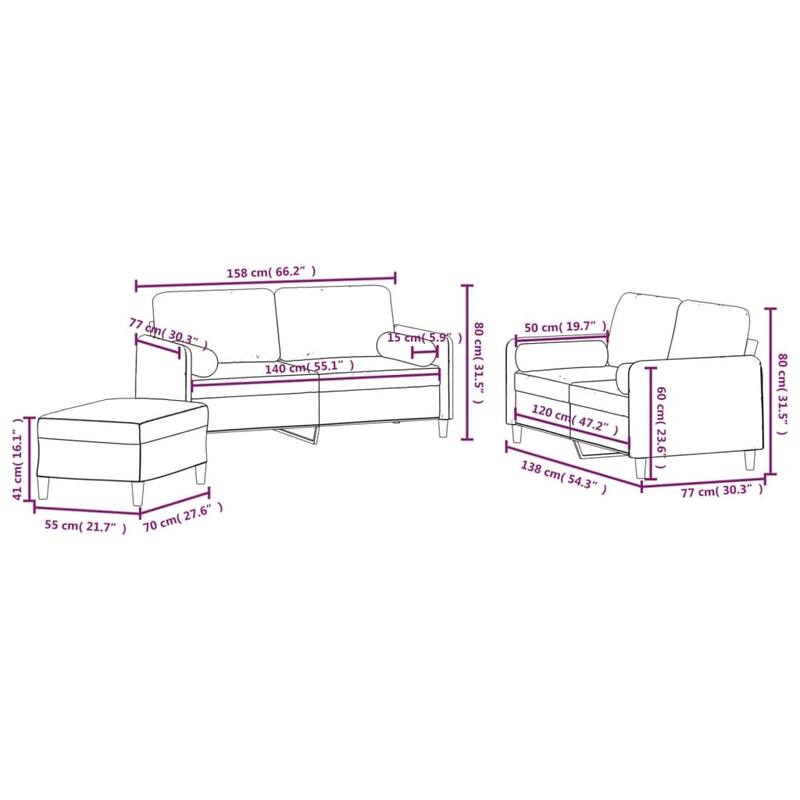 vidaXL 3 Piece Sofa Set with Throw Pillows&Cushions Dark Gray Velvet - 54.3" x 30.3" x 31.5"