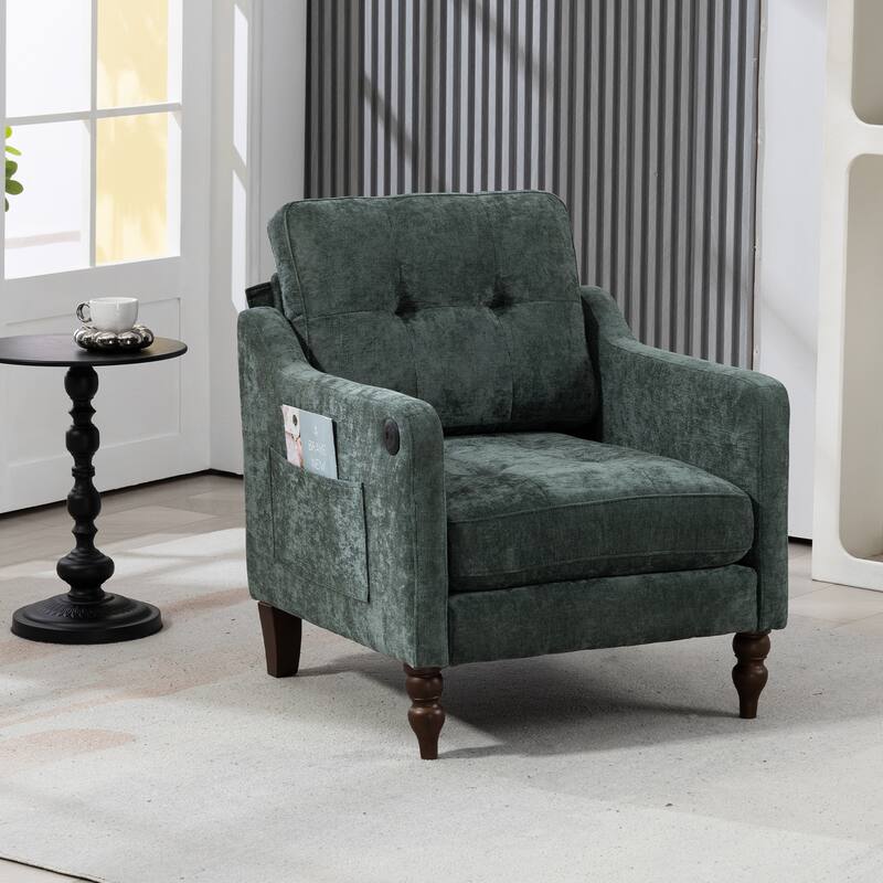 Accent Comfy Chenille Chair w/USB charging port,High-support Sponge,Wide Backrest, Upholstered Arm Chair w/Side Storage