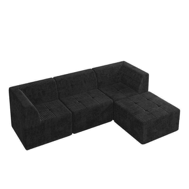 Minimalist Corduroy Upholstered Sectional Sofa with Chaise, Modular Compressed Sleeper Couch with Ottoman for Living Room
