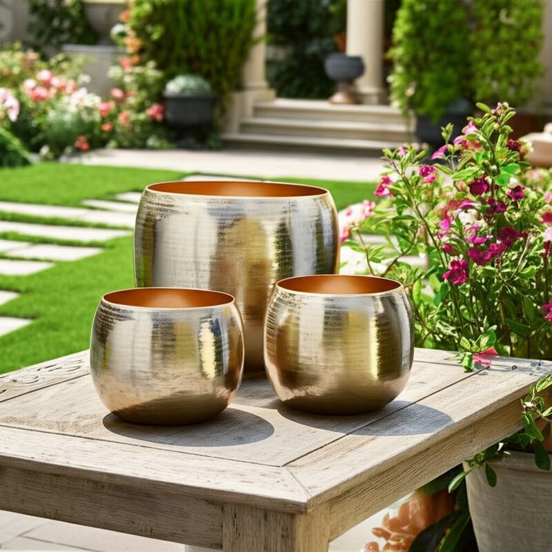 Modern Decorative Metal Planters with Contemporary Style for Garden or Indoor Display - 14" x 14" x 11" - Gold
