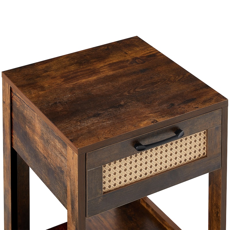 15.75" Rattan End black table with drawer, Modern nightstand, side table for living roon, bedroom,natura