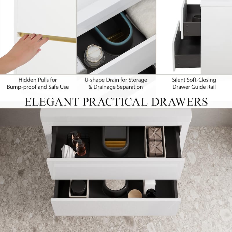 24"/30"/36" Wall-Mounted Bathroom Vanity with Sink, Floating Cabinet, Stone Resin Countertop, Glossy White, Soft-Close Drawers