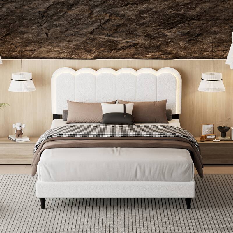 Queen Cream Lambswool Petal Headboard Bed Frame with Ambient Lighting, Silent Design, and Stable Structure