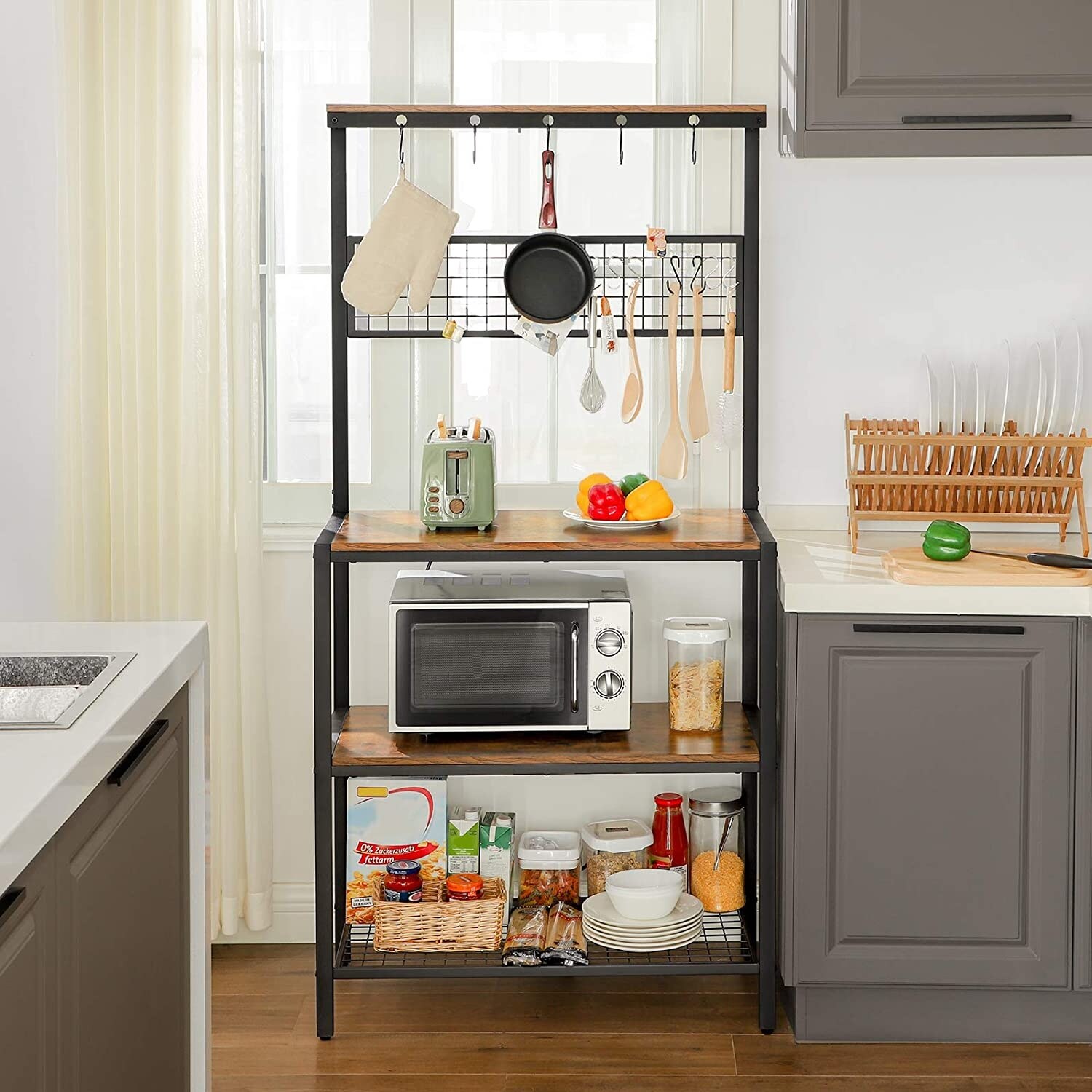 Bakers Rack, Coffee Bar, Kitchen Storage Shelf Rack with 10 Hooks, 3  Shelves, Adjustable Feet, for Microwave Oven