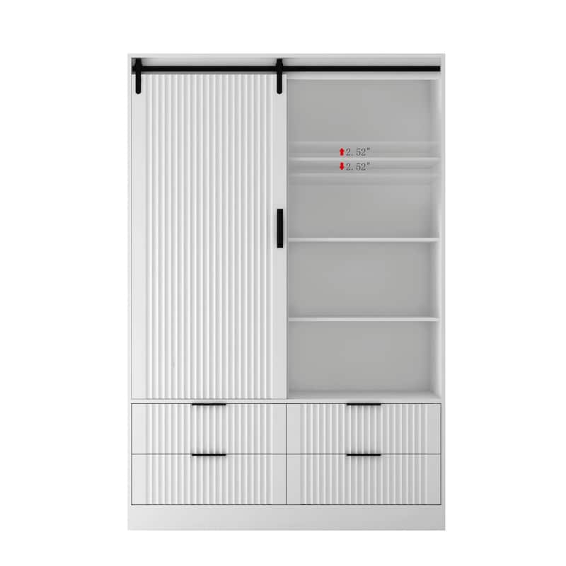 Sliding Barn Door Wardrobe White Armoire Closet, Freestanding Bedroom Clothing Storage Cabinet for Clothes Coats Dresses