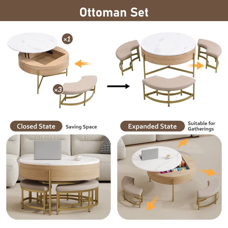 31.50" Elegant Round Lift-Top Coffee Table Set with Hidden Storage & 3 Nesting Ottomans, Modern Living Room Center Table