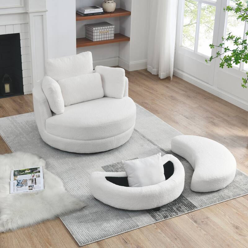 Oversized Teddy Fabric Swivel Barrel Chair with Moon Ottoman & 4 Pillows