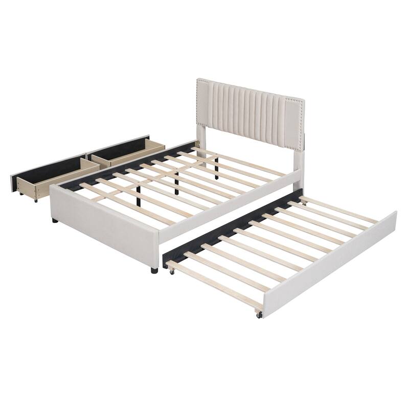 Linen Upholstered Platform Bed Vertical Lines Headboard with Nailhead Trim, Wood Panel Bed Frame 2 Drawers & Trundle Bed