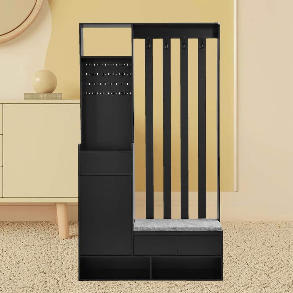 Modern Hall Tree Hallway Shoe Cabinet with Cushioned Bench, Pegboard, 4 Hooks, and Storage Shelves for Entryway and Mudroom
