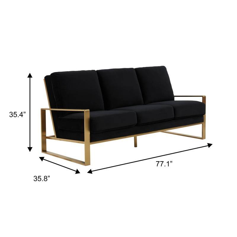 Jefferson Velvet Upholstered 3 Seater Sofa with Brushed Gold Stainless Steel Base and Removable Cushions - 77.1