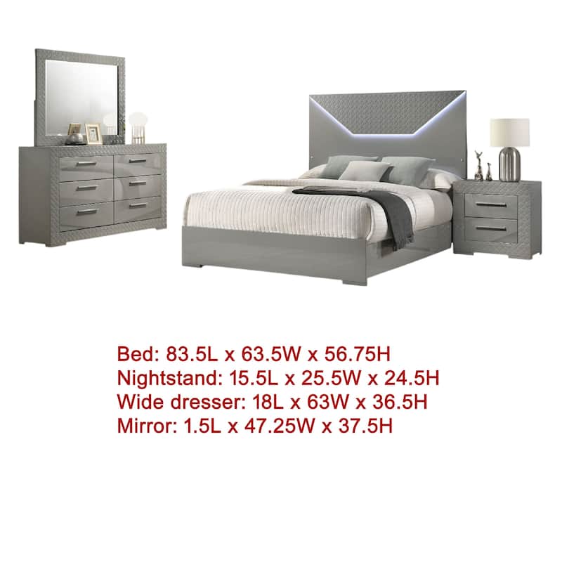Ivon 4pc Queen Bedroom Set, Diamond Embossed, Gray High Gloss, LED