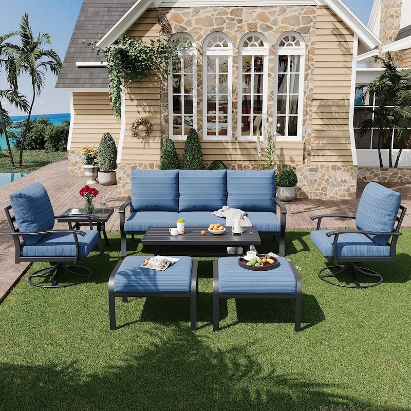 EROMMY Patio Set: 360° Swivel Rockers, Sofa, Ottomans & Table – Outdoor Conversation Set for Poolside, Garden & Deck - 7 PCS - Sofa & Swivel Rocking Chair - Blue
