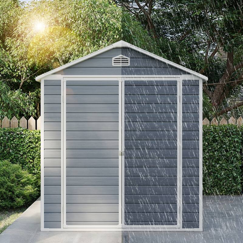 5x3 / 6x4 / 8x6 FT Outdoor Storage Shed with Floor, Resin Garden Tool Shed with Lockable Doors, Waterproof Plastic Storage Sheds