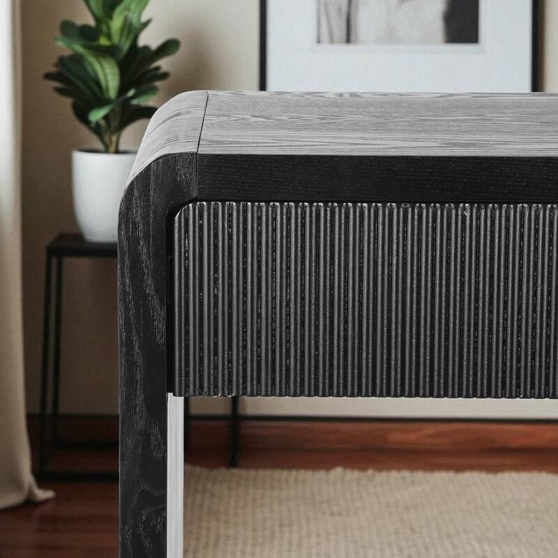 Modern 3-Drawer Console Table with Vertical Slat Design, Rounded Edge Entryway Storage Table with Shelf
