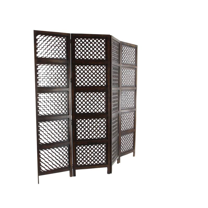 Brown Wooden Handmade Hinged Foldable Partition 4 Panel Floral Partition Room Divider Screen with Intricately Carved Designs