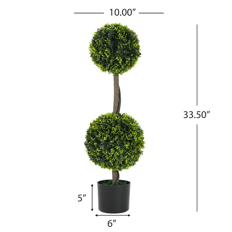34" Artificial Topiary Boxwood Tree Double Ball with Black Plastic Pot, Set of 2