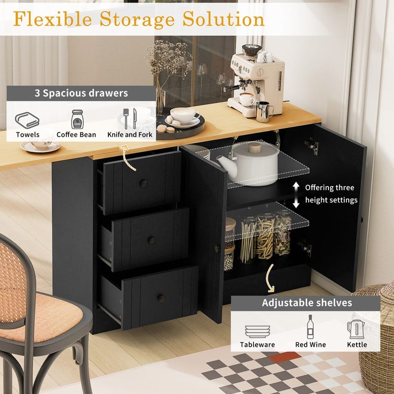 Multifunctional 89.7" Wooden Sideboard with Extendable Table and Storage for Living Room Organization